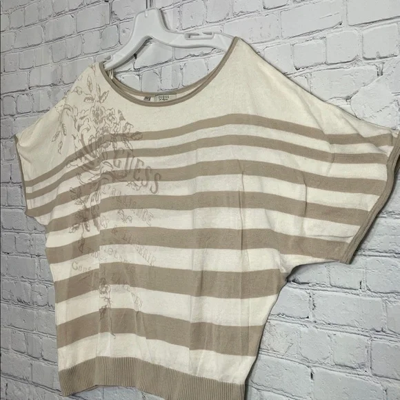 Guess Cream & Light Tan Striped  Dolman Style Short Sleeve Boatneck Tee - Picture 2 of 8
